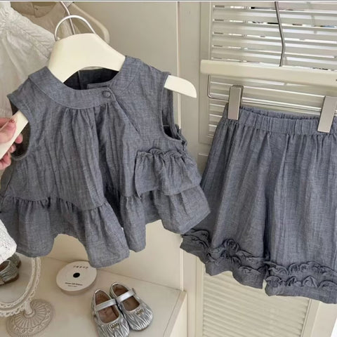 [5071098] - Baju Setelan Atasan Gray Lengan Panjang Bawahan Celana Pendek Fashion Anak Perempuan Cewek - Motif Top Ruffled - BABYHOKI STORE