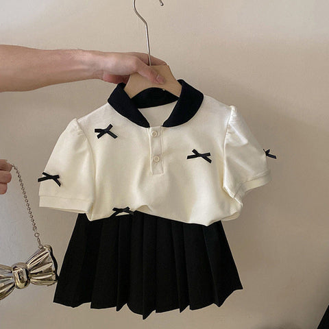 [5071101] - One Set 2in1 Baju Setelan Atasan Bow Lengan Pendek Bawahan Celana Rok Pendek Hitam Plisket Fashion Korean Style Anak Perempuan Cewek - Motif Cute Top Bow - BABYHOKI STORE