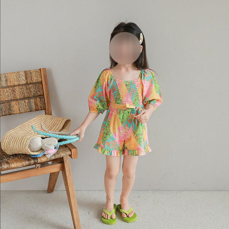 [5071102] - Baju Setelan Jumpsuit Lengan Pendek Bawahan Pendek Fashion Trendi Anak Perempuan Cewek - Motif Colorblock Floral - BABYHOKI STORE