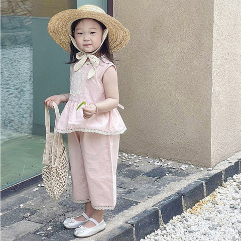 [5071106] - One Set 2in1 Baju Setelan Atasan Pink Lengan Kutung Bawahan Celana Panjang Fashion Korean Style Anak Perempuan Cewek - Motif Style Pink Solid - BABYHOKI STORE