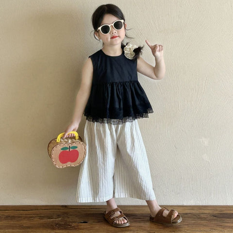 [5071107] - One Set 2in1 Baju Setelan Atasan Black Lengan Kutung Bawahan Celana Panjang Kulot Salur Fashion Trendi Anak Perempuan Cewek - Motif Top Solid Black - BABYHOKI STORE