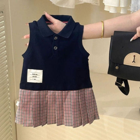 [5071108] - Baju Dress Gaun Berkerah Lengan Kutung Korean Style Fashion Anak Perempuan Cewek - Motif Bottom Plisket - BABYHOKI STORE