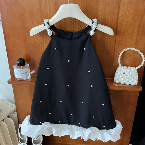 [5071109] - Baju Dress Gaun Pesta Black Lengan Kutung Korean Style Fashion Anak Perempuan Cewek - Motif Top Pearl Bottom Ruffled - BABYHOKI STORE