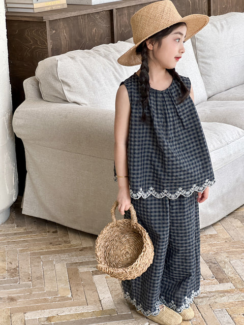 [5071110] - One Set 2in1 Baju Setelan Atasan Oversize Lengan Kutung Bawahan Celana Panjang Kulot Fashion Trendi Anak Perempuan Cewek - Motif Style Plaid - BABYHOKI STORE