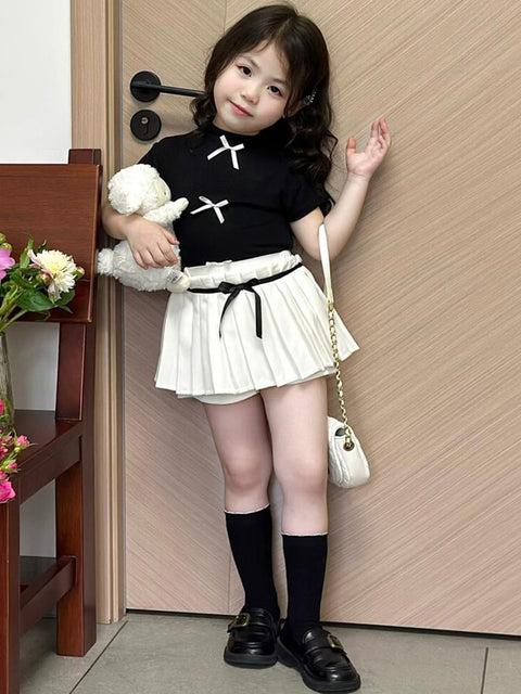 [5071111] - One Set 2in1 Baju Setelan Atasan Ribbon Lengan Pendek Bawahan Celana Rok Pendek Plisket Fashion Korean Style Anak Perempuan Cewek - Motif Top Ribbon Plisket Bottom - BABYHOKI STORE