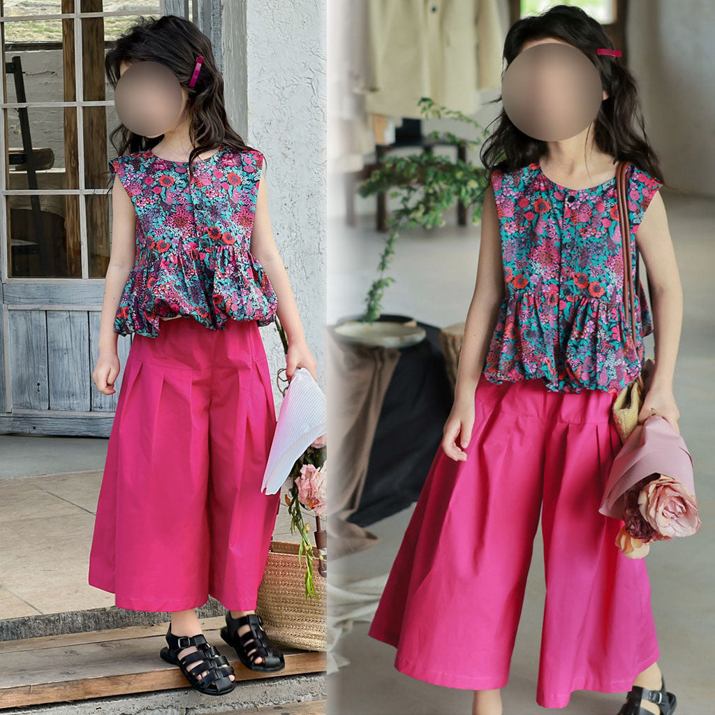 [5071112] - One Set 2in1 Baju Setelan Atasan Purple Lengan Kutung Bawahan Celana Panjang Kulot Fashion Trendi Anak Perempuan Cewek - Motif Floral Top - BABYHOKI STORE