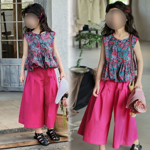 [5071112] - One Set 2in1 Baju Setelan Atasan Purple Lengan Kutung Bawahan Celana Panjang Kulot Fashion Trendi Anak Perempuan Cewek - Motif Floral Top - BABYHOKI STORE