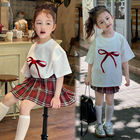 [5071113] - One Set 2in1 Baju Setelan Atasan Kaos Oversize Lengan Pendek Bawahan Celana Rok Pendek Plisket Fashion Trendi Anak Perempuan Cewek - Motif Large Ribbon - BABYHOKI STORE