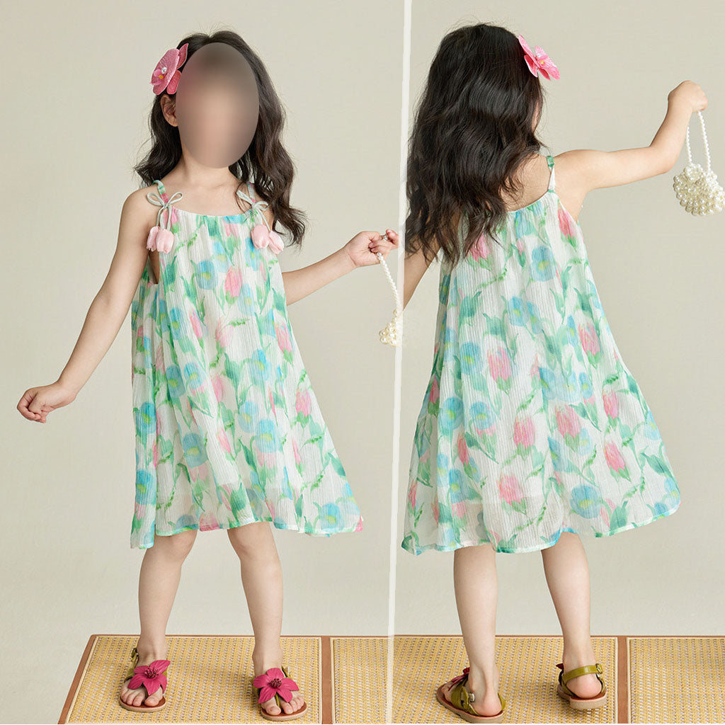 [5071114] - Baju Dress Gaun Cool Holiday Lengan Kutung Fashion Trendi Anak Perempuan Cewek - Motif Tulips - BABYHOKI STORE
