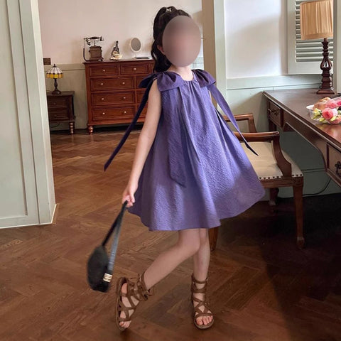 [5071115] - Baju Dress Gaun Lengan Kutung Fashion Korean Style Anak Perempuan Cewek - Motif French Purple - BABYHOKI STORE