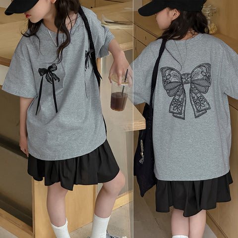 [5071118] - One Set 2in1 Baju Setelan Atasan Kaos Oversize Gray Lengan Pendek Bawahan Rok Pendek Fashion Korean Style Anak Perempuan Cewek - Motif Ribbon Top - BABYHOKI STORE