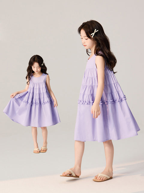 [5071119] - Baju Dress Gaun Purple Lengan Kutung Fashion Trendi Anak Perempuan Cewek - Motif Ruffled - BABYHOKI STORE