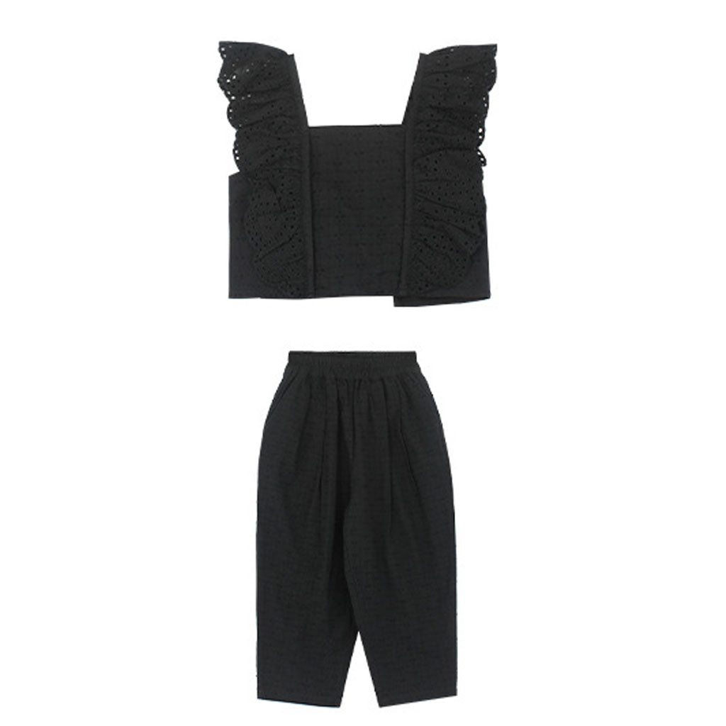 [5071120] - One Set 2in1 Baju Setelan Atasan Lengan Kutung Bawahan Celana Panjang Fashion Trendi Anak Perempuan Cewek - Motif Color Solid Black - BABYHOKI STORE