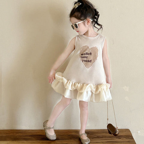 [5071121] - Baju Dress Gaun Pesta Lengan Kutung Fashion Korean Style Anak Perempuan Cewek - Motif Love Ruffled Bottom - BABYHOKI STORE