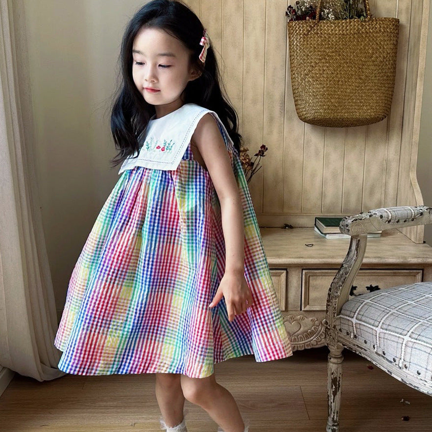 [5071123] - Baju Dress Summer Gaun Lengan Kutung Fashion Trendi Anak Perempuan Cewek - Motif Rainbow Plaid - BABYHOKI STORE