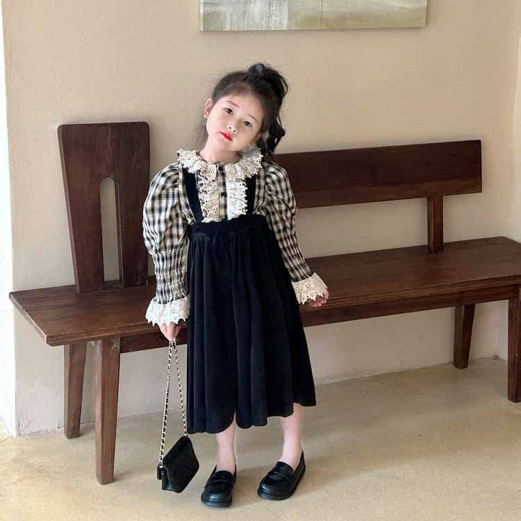 [5071124] - One Set 2in1 Baju Setelan Atasan Blouse Lengan Panjang Style Palace Bawahan Overall Panjang Fashion Trendi Anak Perempuan Cewek - Motif Plaid - BABYHOKI STORE