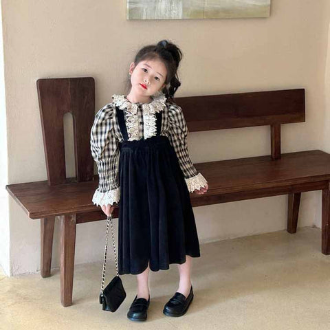 [5071124] - One Set 2in1 Baju Setelan Atasan Blouse Lengan Panjang Style Palace Bawahan Overall Panjang Fashion Trendi Anak Perempuan Cewek - Motif Plaid - BABYHOKI STORE