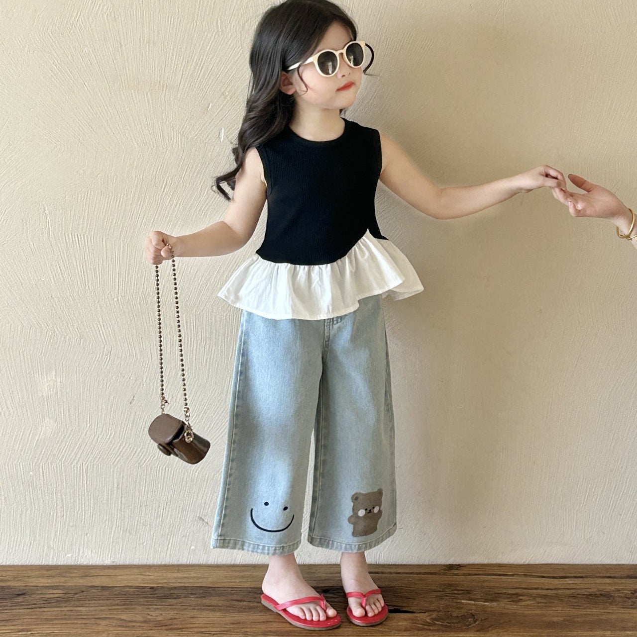 [5071126] - One Set 2in1 Baju Setelan Atasan Summer Suit Black Lengan Kutung Bawahan Celana Panjang Kulot Fashion Trendi Anak Perempuan Cewek - Motif Cute Bottom Image - BABYHOKI STORE