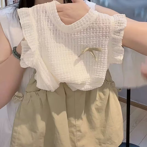 [5071127] - One Set 2in1 Baju Setelan Atasan Summer Bow Lengan Kutung Bawahan Celana Pendek Korean Fashion Anak Perempuan Cewek - Motif Cute Top Bow - BABYHOKI STORE