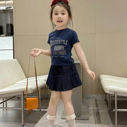 [5071129] - One Set 2in1 Baju Setelan Summer Atasan Kaos Lengan Pendek Bawahan Rok Pendek Plisket Korean Fashion Anak Perempuan Cewek - Motif Have A Nice Day - BABYHOKI STORE