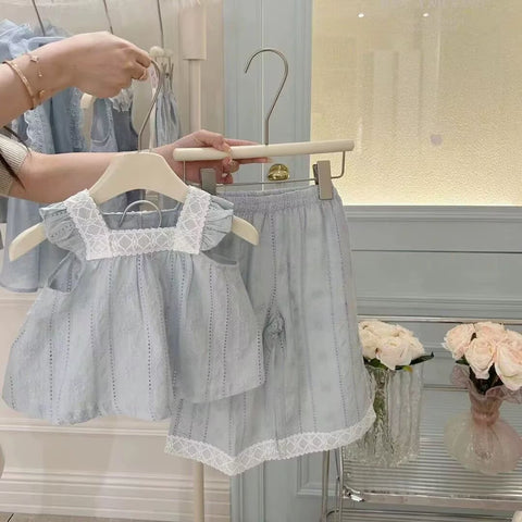 [5071130] - One Set 2in1 Baju Setelan Summer Outfit Atasan Lengan Kutung Bawahan Celana Panjang Fashion Korean Style Anak Perempuan Cewek - Motif Lace Flower Katbol - BABYHOKI STORE