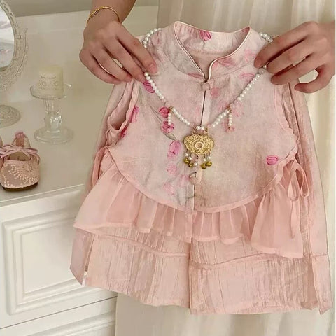 [5071133] - One Set 2in1 Baju Setelan Cheongsam Imlek Atasan Shanghai Lengan Kutung Bawahan Celana Panjang Fashion Chinese Style Anak Perempuan Cewek - Motif Flower - BABYHOKI STORE