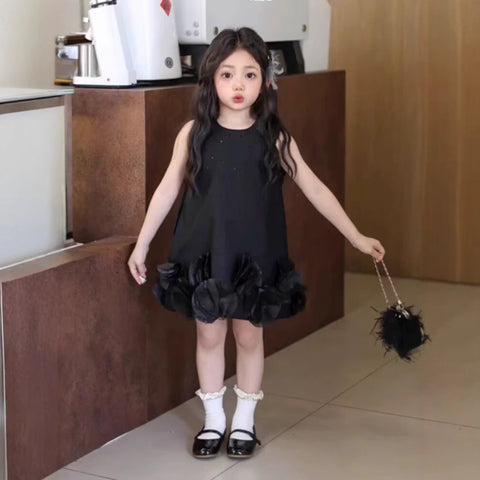 [5071134] - Baju Gaun Dress Elegant Lengan Kutung Fashion Style Anak Perempuan Cewek - Motif Solid Black Color - BABYHOKI STORE