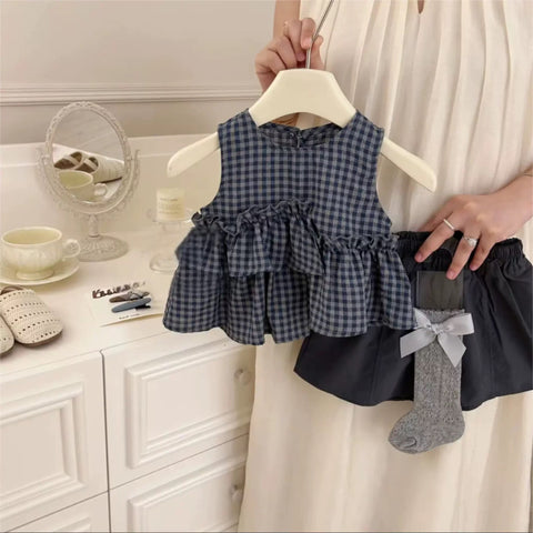 [5071136] - One Set 2in1 Baju Setelan Summer Outfit Atasan Lengan Kutung Bawahan Celana Pendek Fashion Korean Style Anak Perempuan Cewek - Motif Ruffle Plaid - BABYHOKI STORE