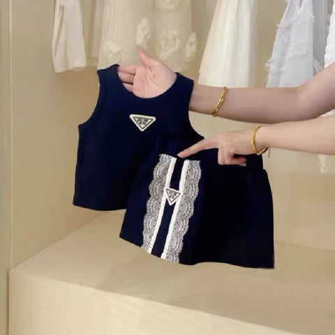 [5071137] - One Set 2in1 Baju Setelan Summer Outfit Atasan Lengan Kutung Bawahan Celana Rok Pendek Fashion Korean Style Anak Perempuan Cewek - Motif Striped Lace - BABYHOKI STORE