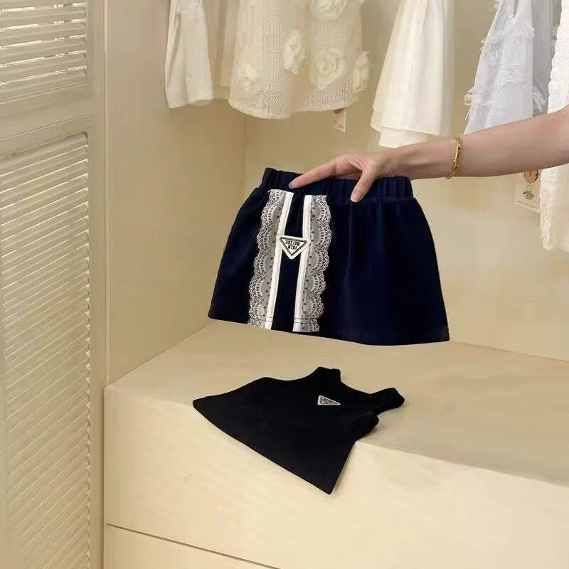 [5071137] - One Set 2in1 Baju Setelan Summer Outfit Atasan Lengan Kutung Bawahan Celana Rok Pendek Fashion Korean Style Anak Perempuan Cewek - Motif Striped Lace - BABYHOKI STORE