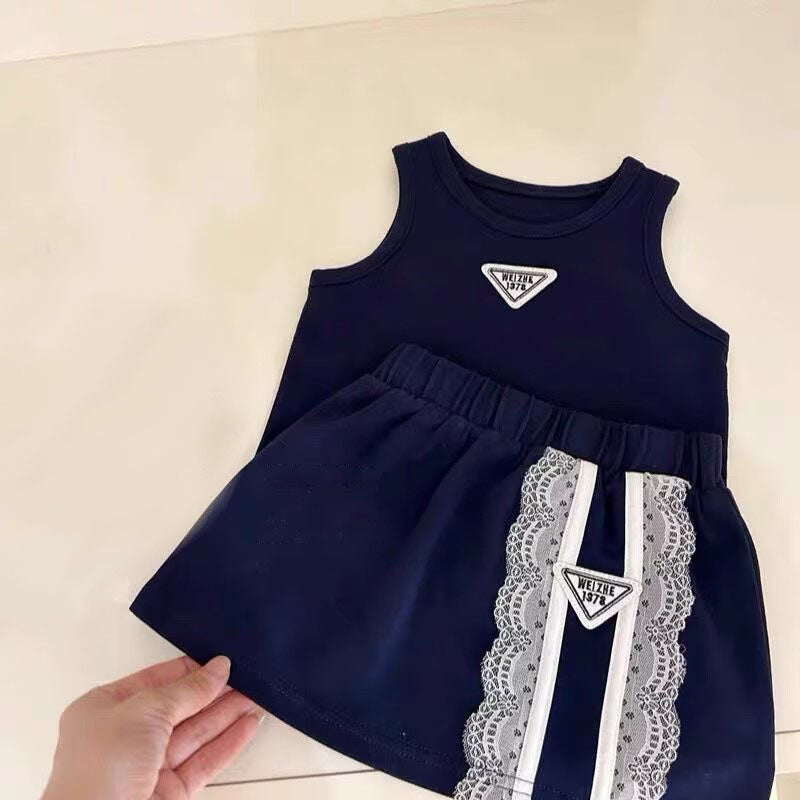 [5071137] - One Set 2in1 Baju Setelan Summer Outfit Atasan Lengan Kutung Bawahan Celana Rok Pendek Fashion Korean Style Anak Perempuan Cewek - Motif Striped Lace - BABYHOKI STORE
