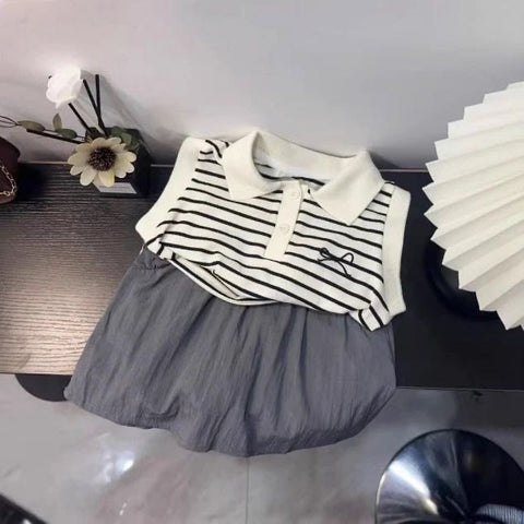 [5071145] - One Set 2in1 Baju Setelan Atasan Kerah Lengan Kutung Bawahan Rok Pendek Casual Style Anak Perempuan Cewek - Motif Bow Stripe - BABYHOKI STORE