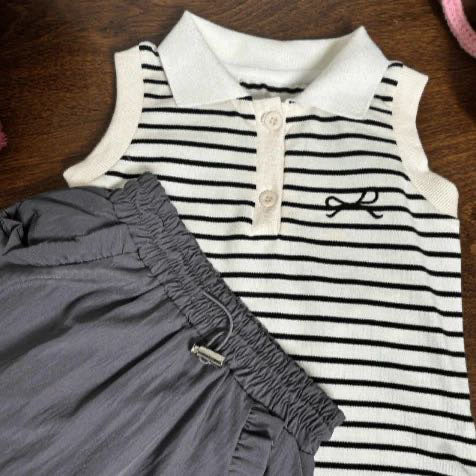 [5071145] - One Set 2in1 Baju Setelan Atasan Kerah Lengan Kutung Bawahan Rok Pendek Casual Style Anak Perempuan Cewek - Motif Bow Stripe - BABYHOKI STORE