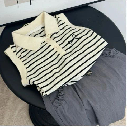 [5071145] - One Set 2in1 Baju Setelan Atasan Kerah Lengan Kutung Bawahan Rok Pendek Casual Style Anak Perempuan Cewek - Motif Bow Stripe - BABYHOKI STORE