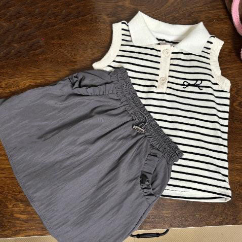 [5071145] - One Set 2in1 Baju Setelan Atasan Kerah Lengan Kutung Bawahan Rok Pendek Casual Style Anak Perempuan Cewek - Motif Bow Stripe - BABYHOKI STORE