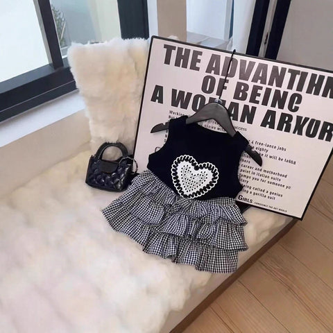 [5071148] - One Set 2in1 Baju Setelan Atasan Kaos Lengan Kutung Bawahan Rok Pendek Korean Version Style Anak Perempuan Cewek - Motif Heart - BABYHOKI STORE