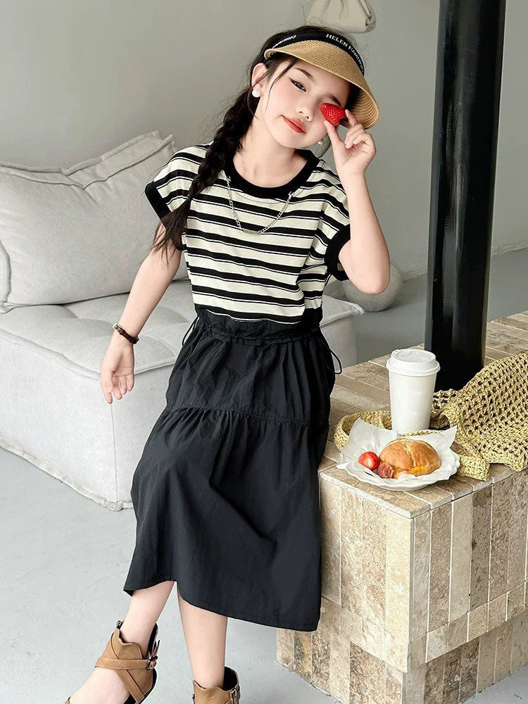 [5071152] - One Set 2in1 Baju Setelan Atasan Kaos Lengan Kutung Bawahan Rok Panjang Casual Style Anak Perempuan Cewek - Motif Striped Color - BABYHOKI STORE