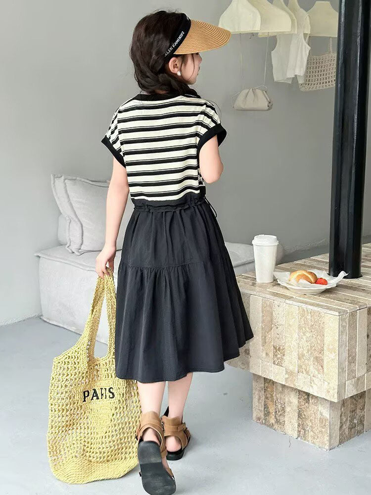 [5071152] - One Set 2in1 Baju Setelan Atasan Kaos Lengan Kutung Bawahan Rok Panjang Casual Style Anak Perempuan Cewek - Motif Striped Color - BABYHOKI STORE