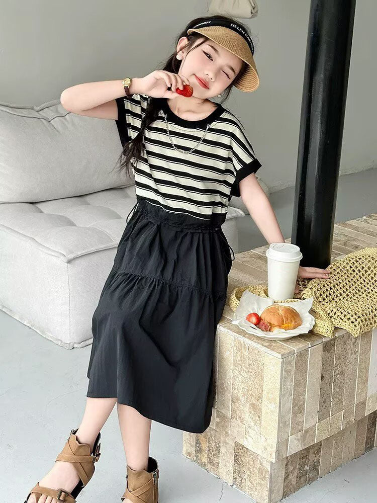 [5071152] - One Set 2in1 Baju Setelan Atasan Kaos Lengan Kutung Bawahan Rok Panjang Casual Style Anak Perempuan Cewek - Motif Striped Color - BABYHOKI STORE