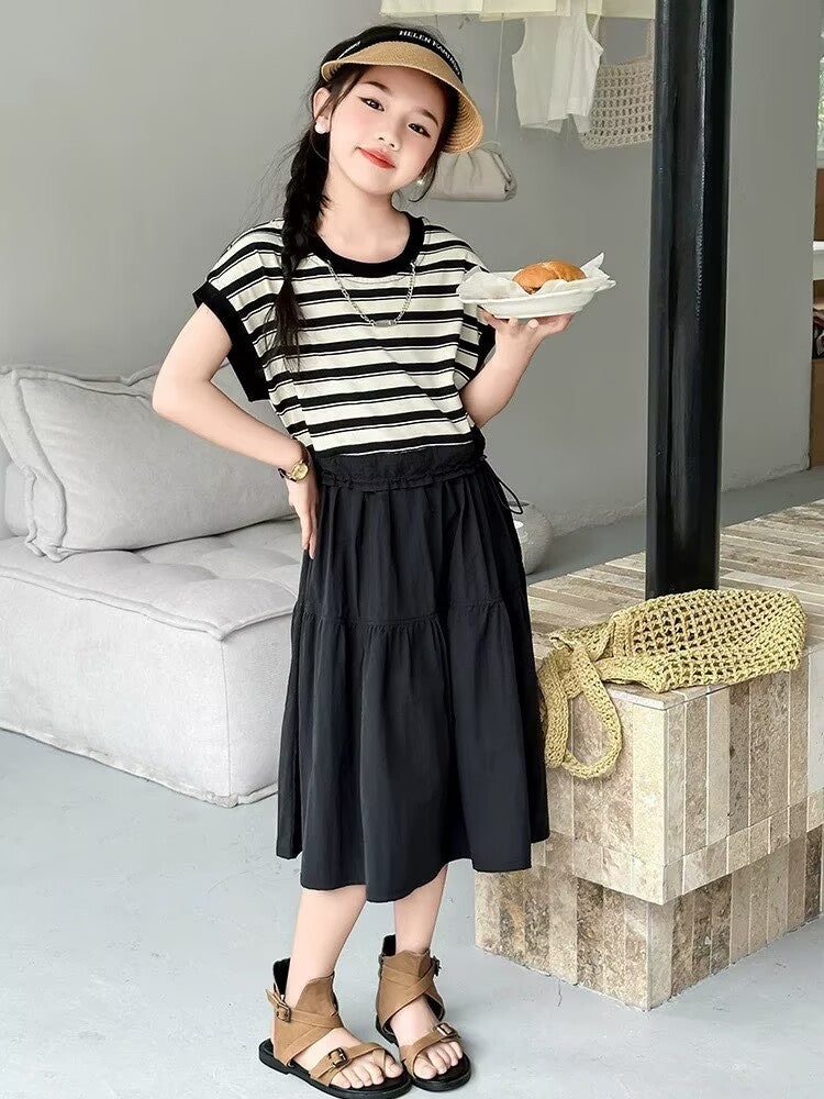 [5071152] - One Set 2in1 Baju Setelan Atasan Kaos Lengan Kutung Bawahan Rok Panjang Casual Style Anak Perempuan Cewek - Motif Striped Color - BABYHOKI STORE