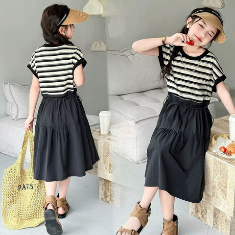 [5071152] - One Set 2in1 Baju Setelan Atasan Kaos Lengan Kutung Bawahan Rok Panjang Casual Style Anak Perempuan Cewek - Motif Striped Color - BABYHOKI STORE