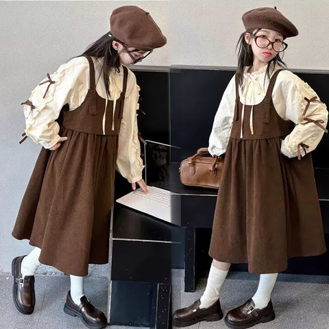 [5071153] - One Set 2in1 Baju Setelan Dress Atasan Blouse Lengan Panjang Korean Version Anak Perempuan Cewek - Motif Cute Bow Sleeves - BABYHOKI STORE