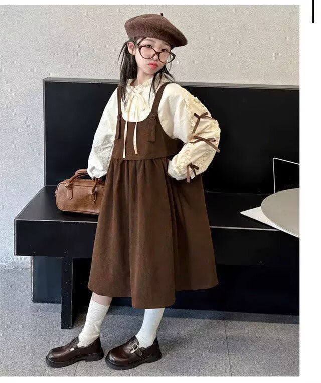 [5071153] - One Set 2in1 Baju Setelan Dress Atasan Blouse Lengan Panjang Korean Version Anak Perempuan Cewek - Motif Cute Bow Sleeves - BABYHOKI STORE