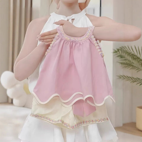 [5071154] - One Set 2in1 Baju Setelan Summer Outfit Atasan Lengan Kutung Bawahan Celana Pendek Comfort Fashion Style Anak Perempuan Cewek - Motif Cute Bow & Floral - BABYHOKI STORE