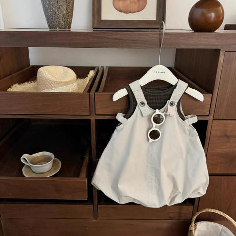 [5071156] - One Set 2in1 Baju Setelan Summer Outfit Atasan Kaos Lengan Kutung Bawahan Overall Pendek Comfort Fashion Style Anak Perempuan Cewek - Motif Top Color Stripe - BABYHOKI STORE