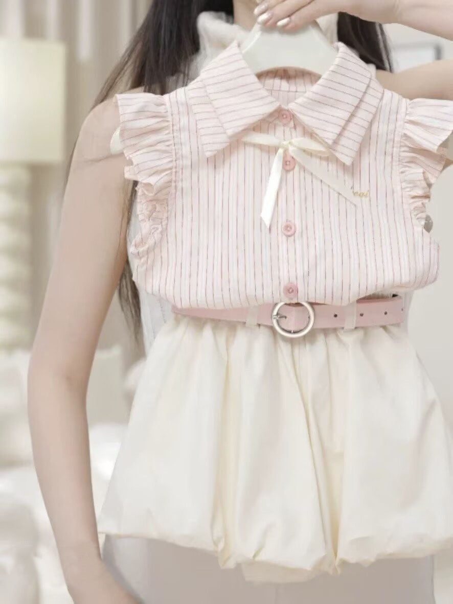 [5071157] - One Set 2in1 Baju Setelan Summer Outfit Atasan Blouse Lengan Kutung Bawahan Celana Pendek Comfort Fashion Style Anak Perempuan Cewek - Motif Cute Bow & Color Stripe - BABYHOKI STORE