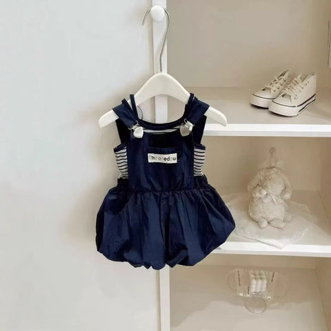 [5071158] - One Set 2in1 Baju Setelan Summer Outfit Atasan Kaos Lengan Kutung Bawahan Overall Pendek Comfort Fashion Style Anak Perempuan Cewek - Motif Top Color Stripe - BABYHOKI STORE