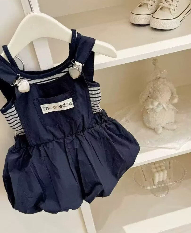 [5071158] - One Set 2in1 Baju Setelan Summer Outfit Atasan Kaos Lengan Kutung Bawahan Overall Pendek Comfort Fashion Style Anak Perempuan Cewek - Motif Top Color Stripe - BABYHOKI STORE