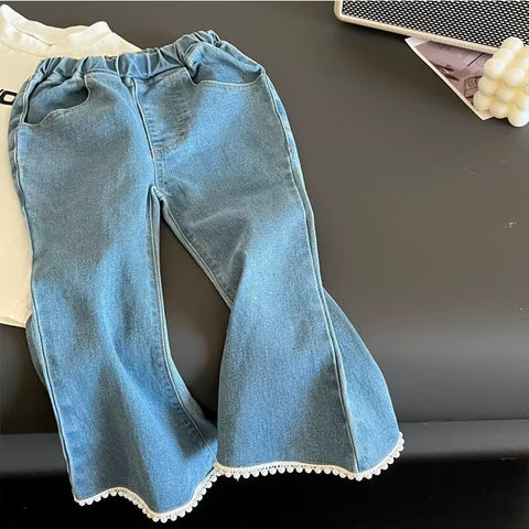 [5071161] - Bawahan Celana Jeans Cutbray Korean Version Style Anak Perempuan Cewek - Motif Lace Bottom - BABYHOKI STORE