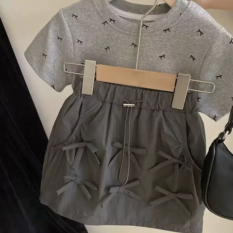 [5071162] - One Set 2in1 Baju Setelan Atasan Kaos Lengan Pendek Bawahan Rok Pendek Comfort Fashion Style Anak Perempuan Cewek - Motif Cute Bow - BABYHOKI STORE